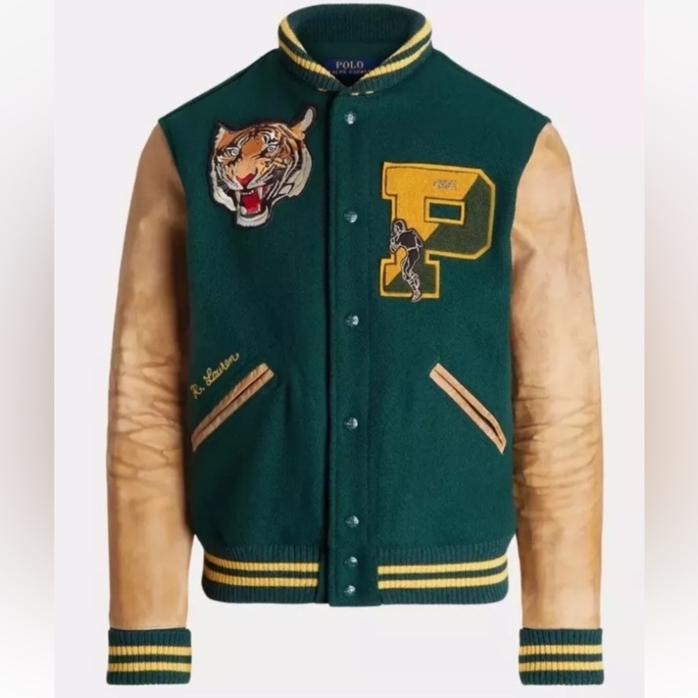 NWT Polo Ralph Lauren Leather Wool Letterman Tiger Logo Varsity Jacket Size S
